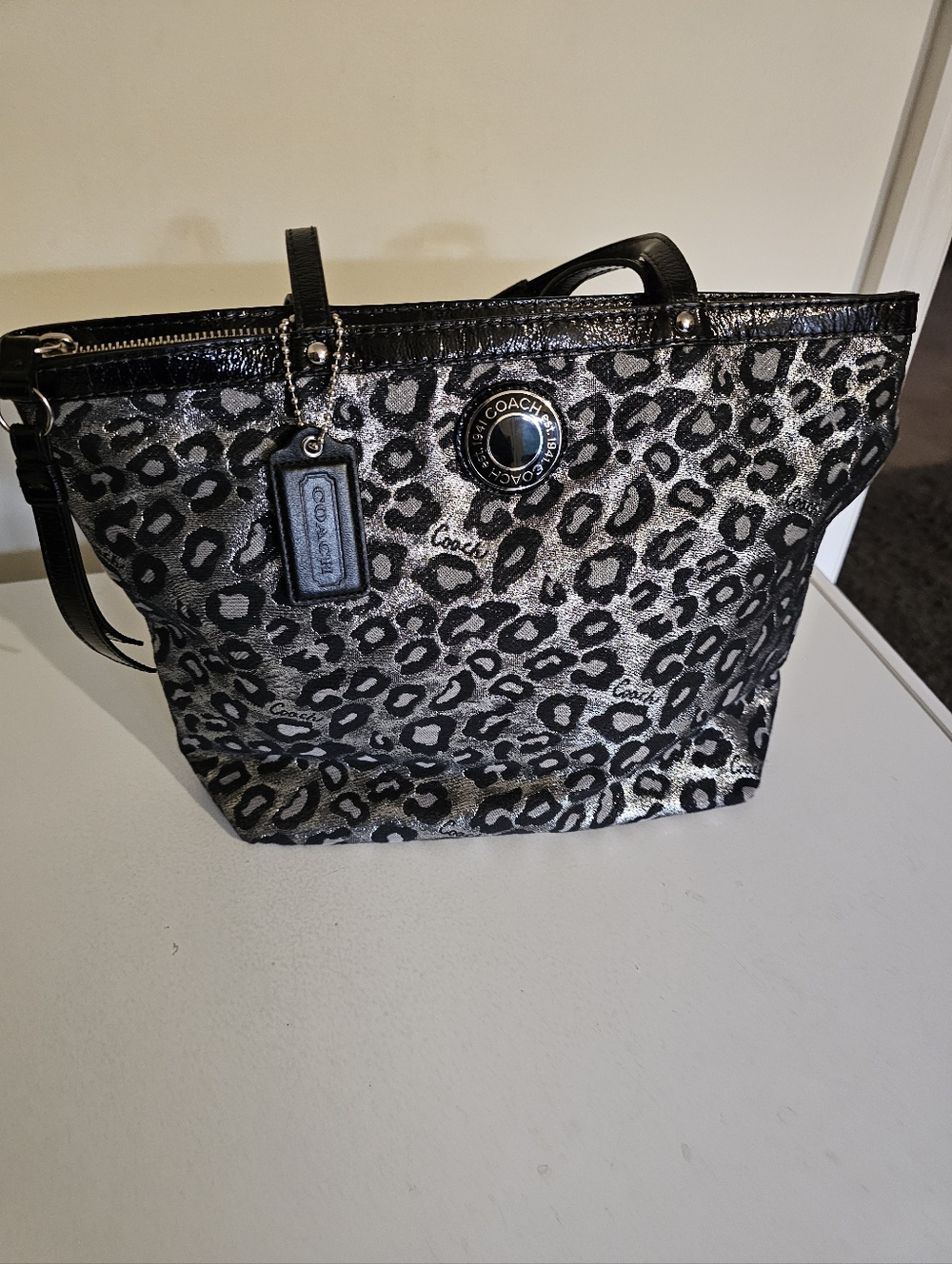Beautiful Coach Metallic Silver and Black Ocelet Leopard Tote F21061
